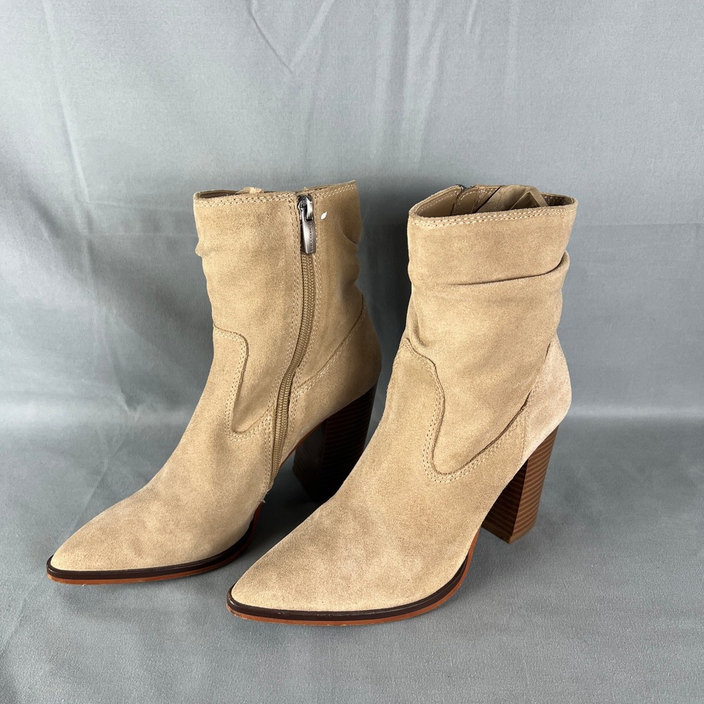 Vince Camuto Crethana Bootie Womens 7M Tan Suede Side Zip Block Heel Ankle Boots